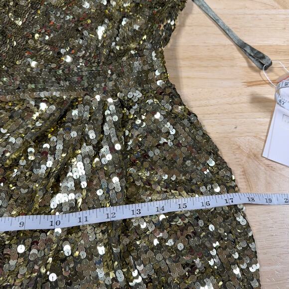 Mac Duggal NWT One Shoulder Bell Sleeve Sequin Gown Gold Size 6 Metallic Slit - Picture 9 of 11